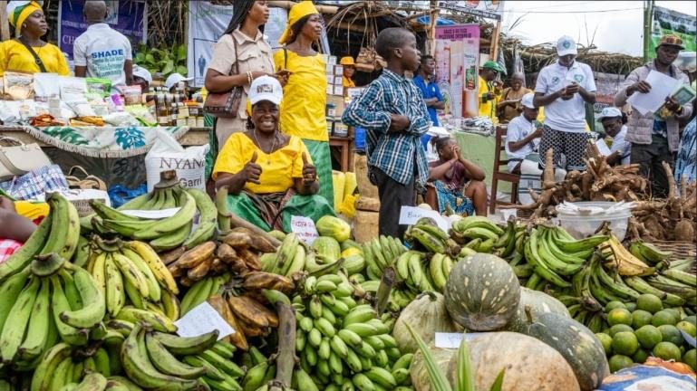 Women farmers with produce at a market