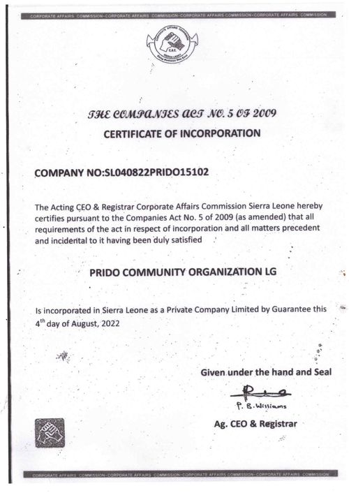 PRIDO-SL Certificate of Incorporation thumbnail